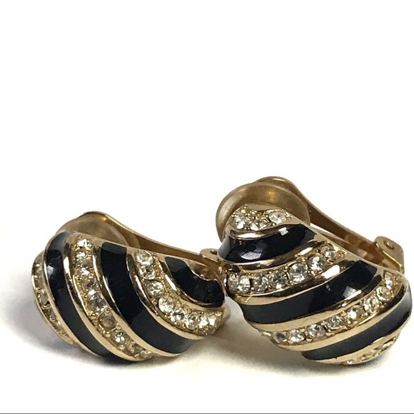 Vintage Christian Dior Half Hoop Enamel Crystal Clip On Earrings - Picture 1 of 8